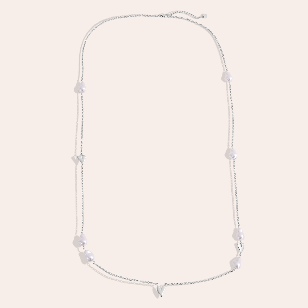 Edelstahl Halskette 95cm Herz Perlen