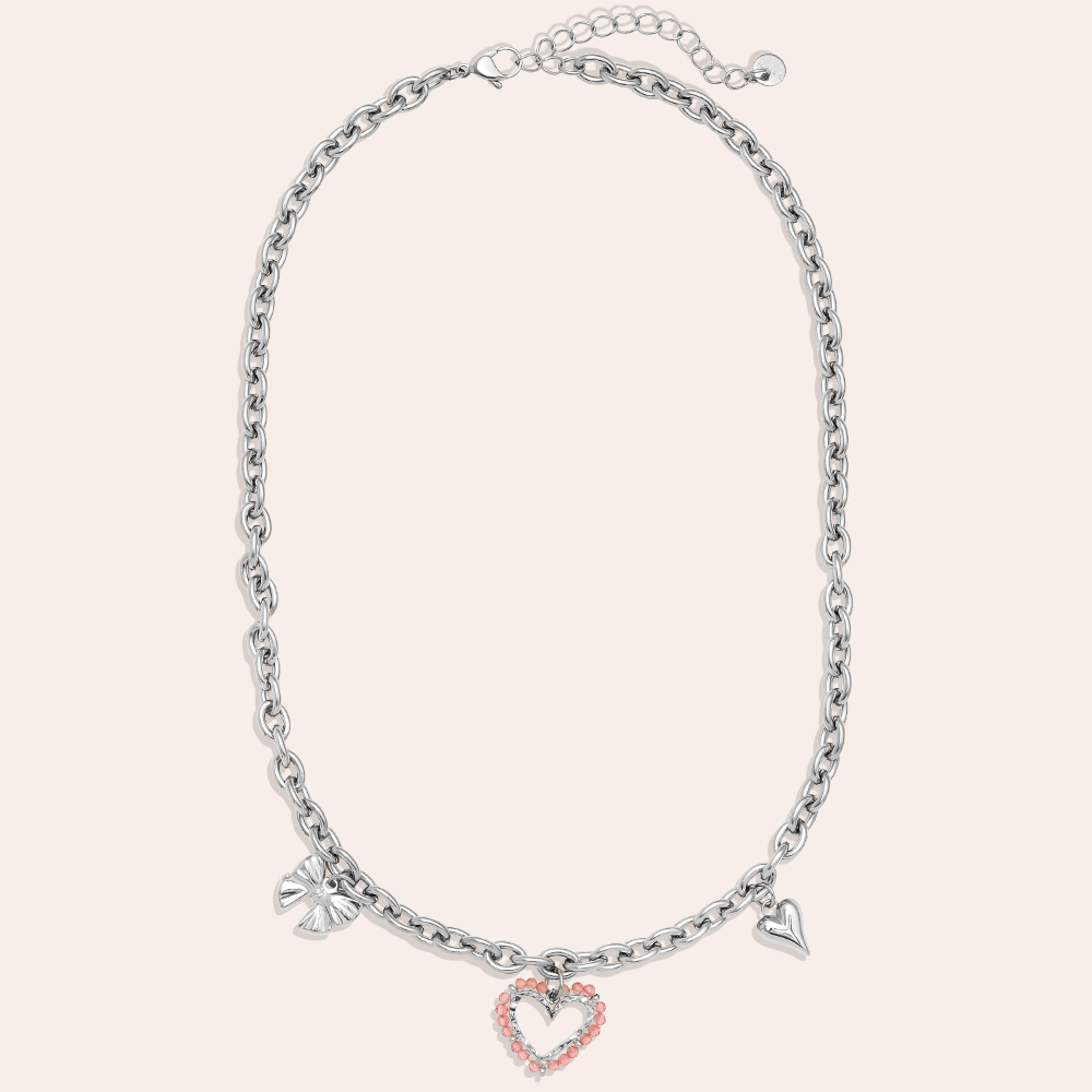 Edelstahl Halskette 42cm Pink Heart And Charms