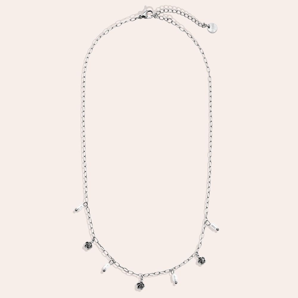 Edelstahl Halskette 40cm Mini Flower And Pearl