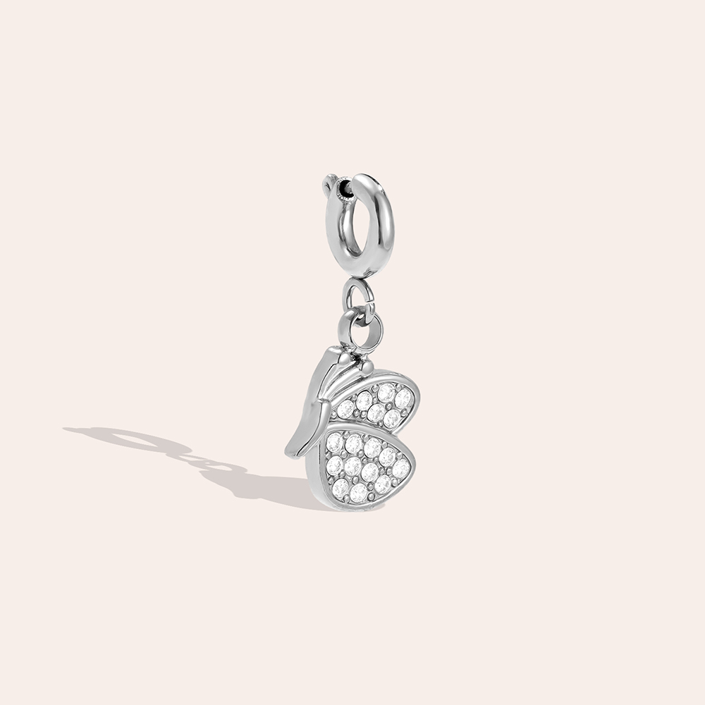 Edelstahl Pendant 29mm halb Zirkonia Schmetterling mit Federverschluss
