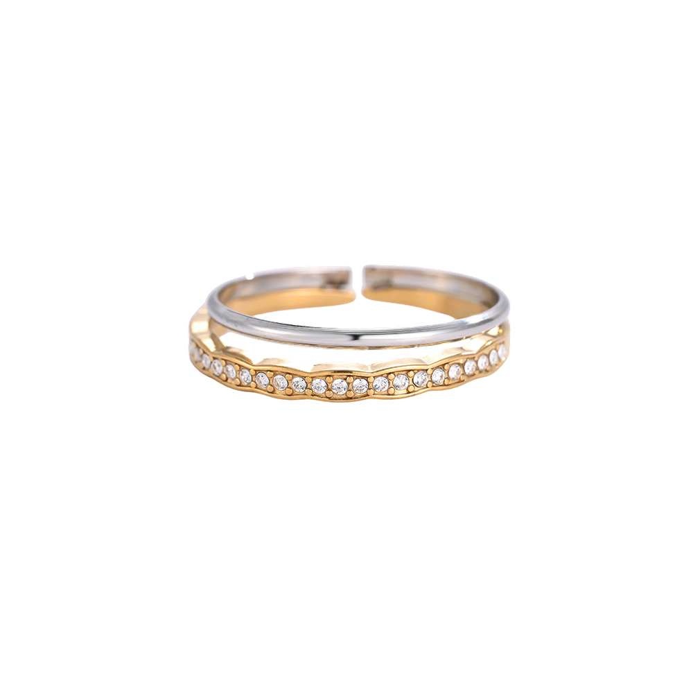 Edelstahl Ring Verstellbar Zweifarbiger Doppelring Leichte Wellenform mit kleinen Zirkonia  