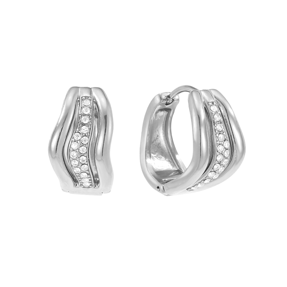 Edelstahl Ohrringe 15mm Wellenstruktur Zirkonia  