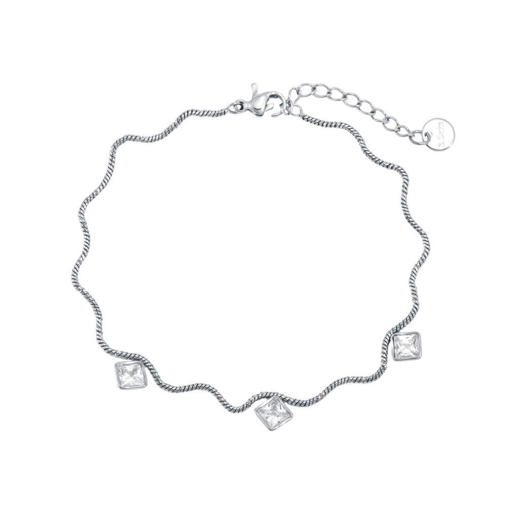 Edelstahl Armband 17cm Wellenkette mit Cube Zirkonia