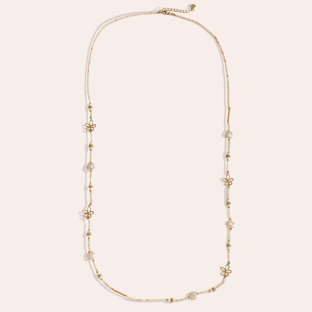 Edelstahl Halskette 94cm kleine Harzperlenkette mit goldenen Blumen