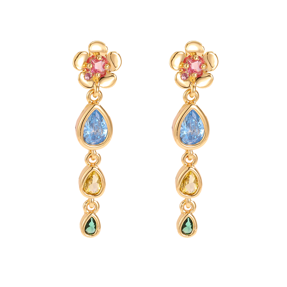 Vergoldete Ohrringe 30mm Zirkonia Blumen und farbige Tropfen