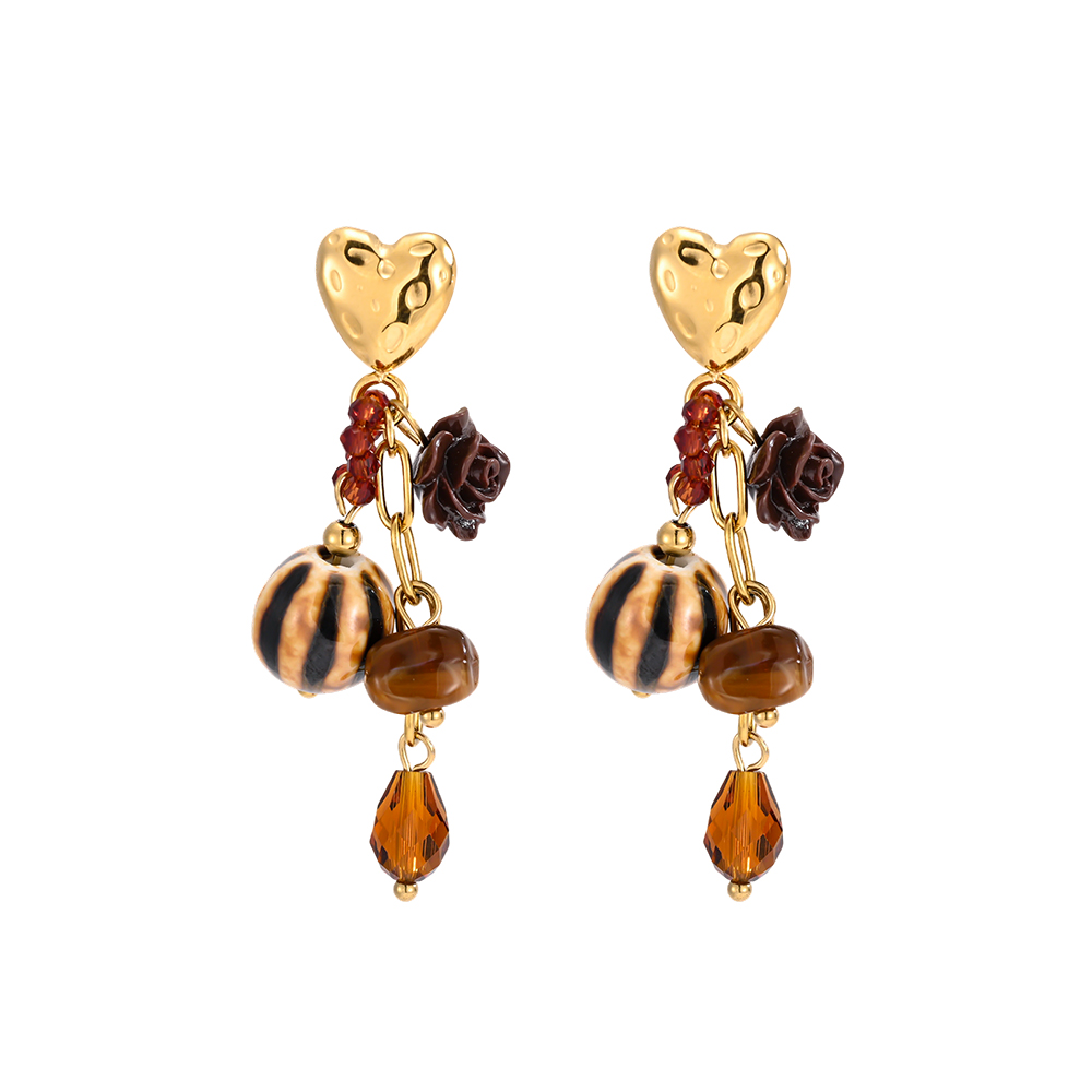 Edelstahl Ohrringe 52*11mm Goldene Herzen mit braunen Blumen und Kugeln