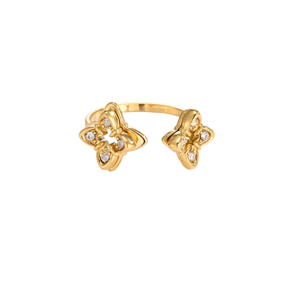 Edelstahl Ring Verstellbar Doppel Kleeblatt Zirkonia