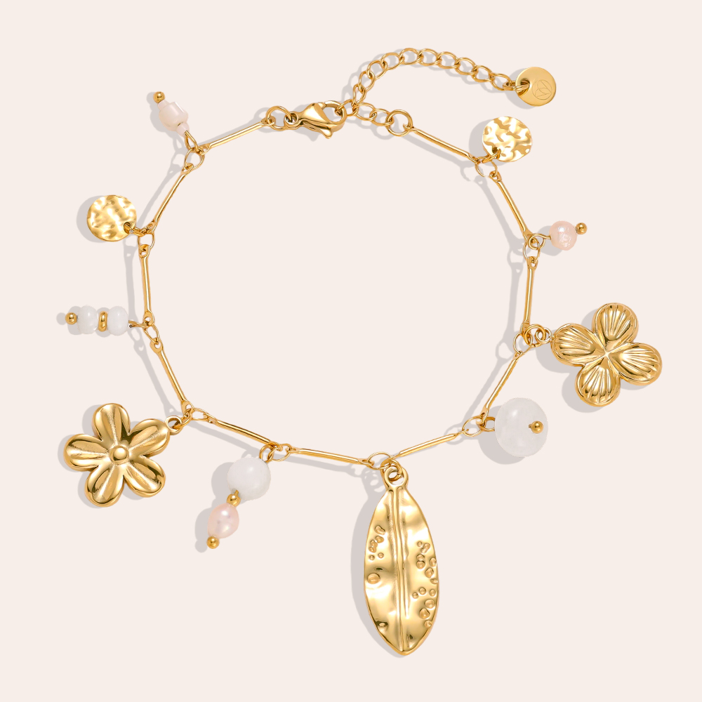 Edelstahl Armband 17cm Perlen Blume Blatt