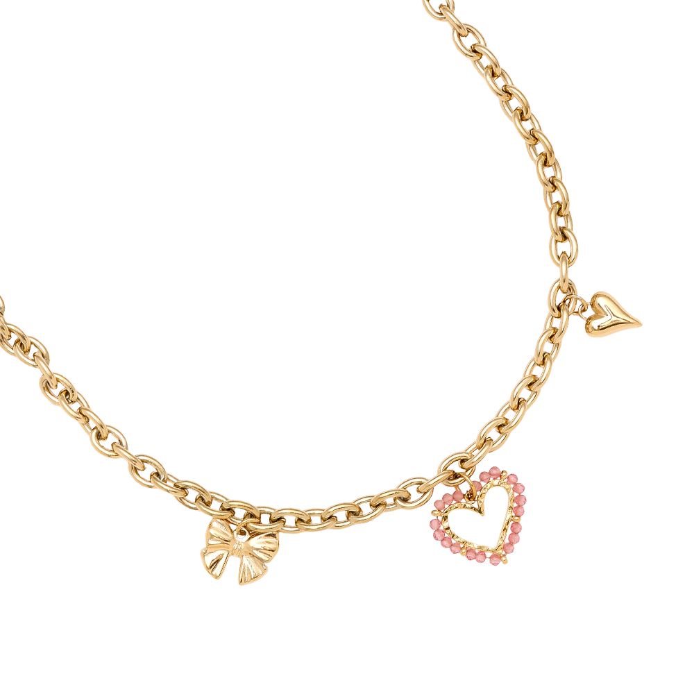 Edelstahl Halskette 42cm Pink Heart And Charms