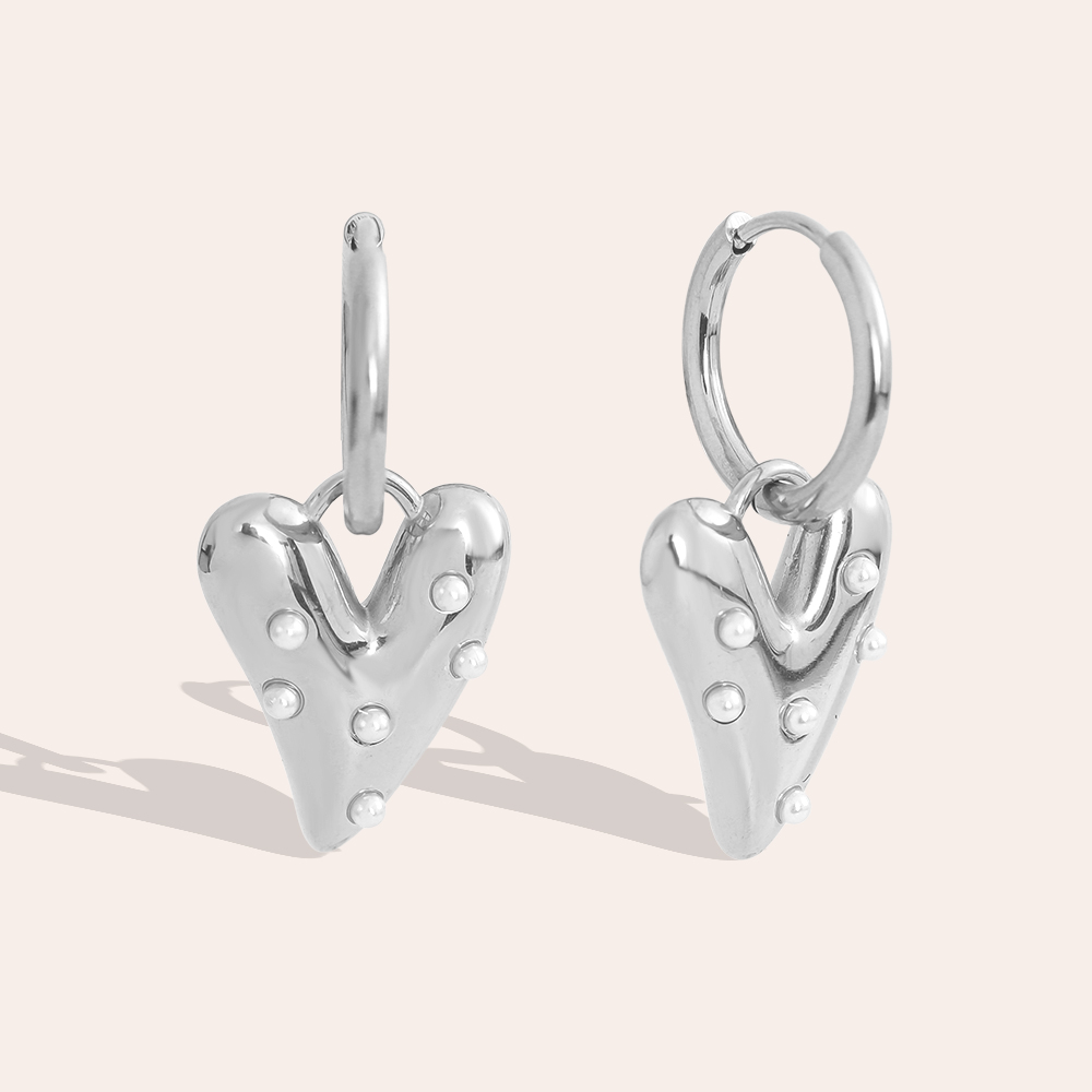 Edelstahl Ohrringe 3cm Herz mit kleinen Perlen