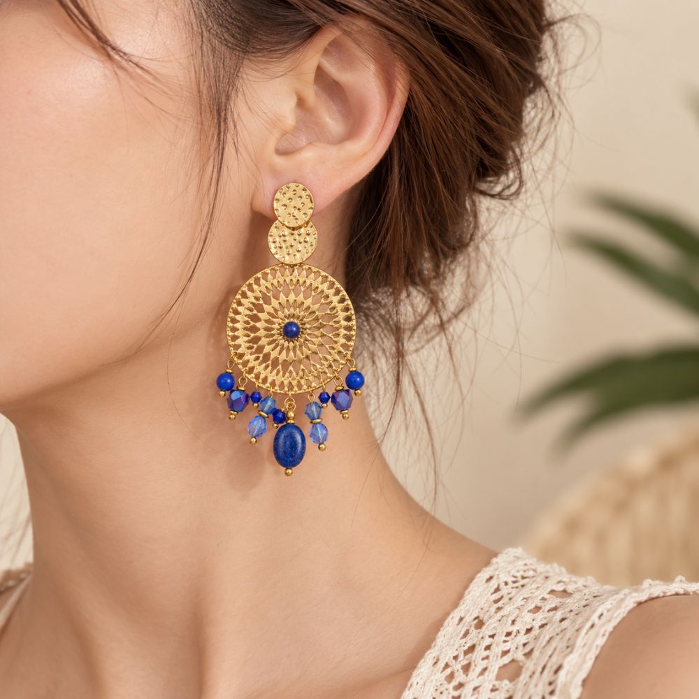 Edelstahl Ohrringe 32*76mm Orientalische Blaue Mandala