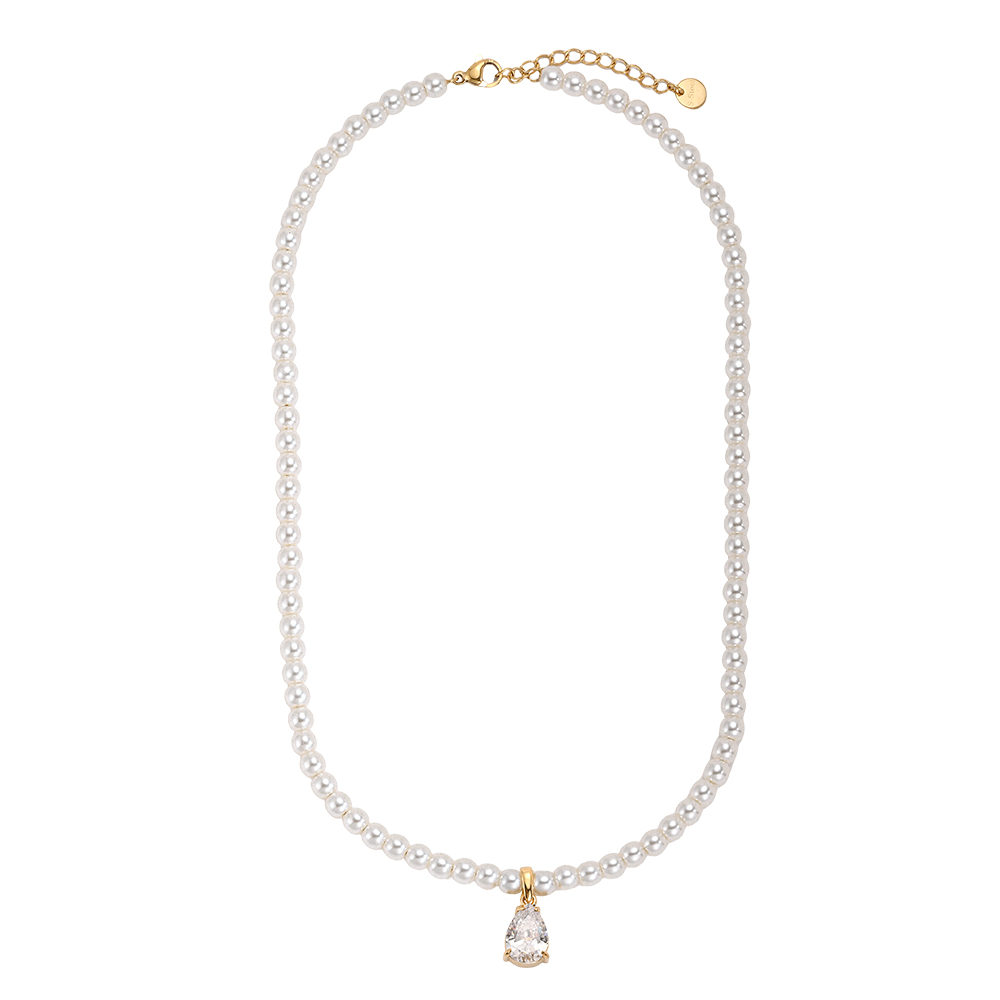 Edelstahl Halskette 39cm Tropfen Zirkonia und Perlenkette