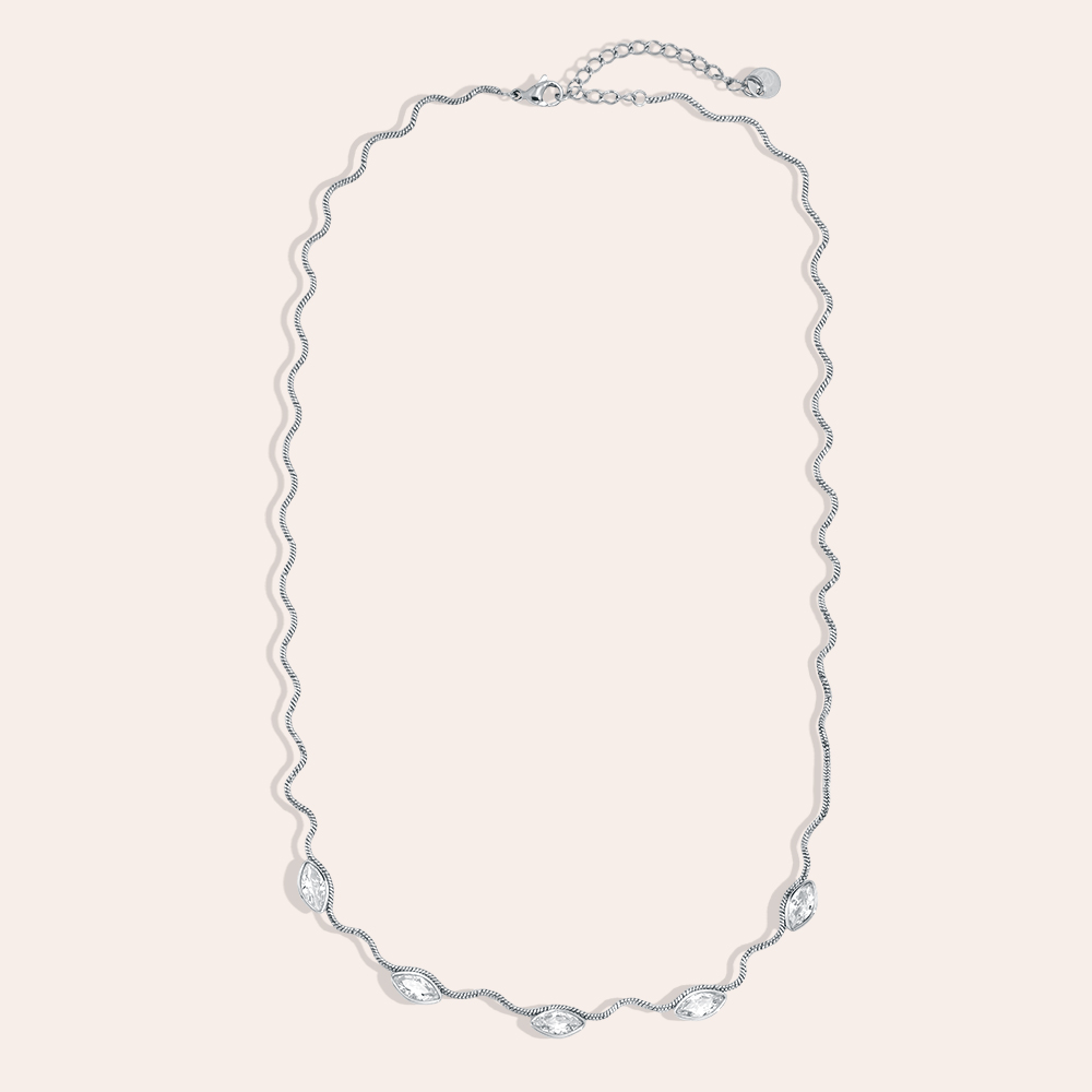 Edelstahl Halskette 42cm Wellenkette mit Auge Zirkonia