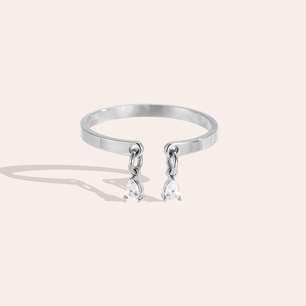 Edelstahl Ring Verstellbarer Zwei kleine Tropfen Zirkonia