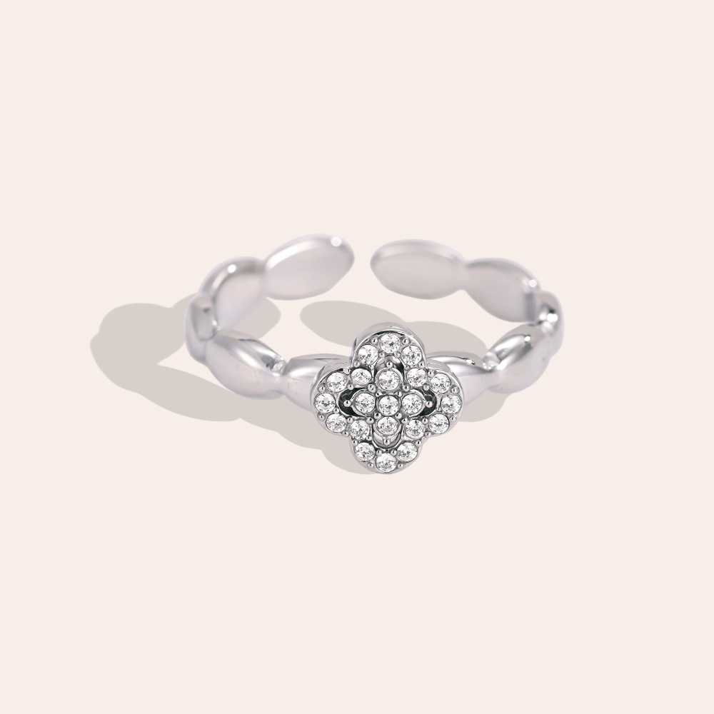 Edelstahl Ring Verstellbar Einzel Kleeblatt Zirkonia 