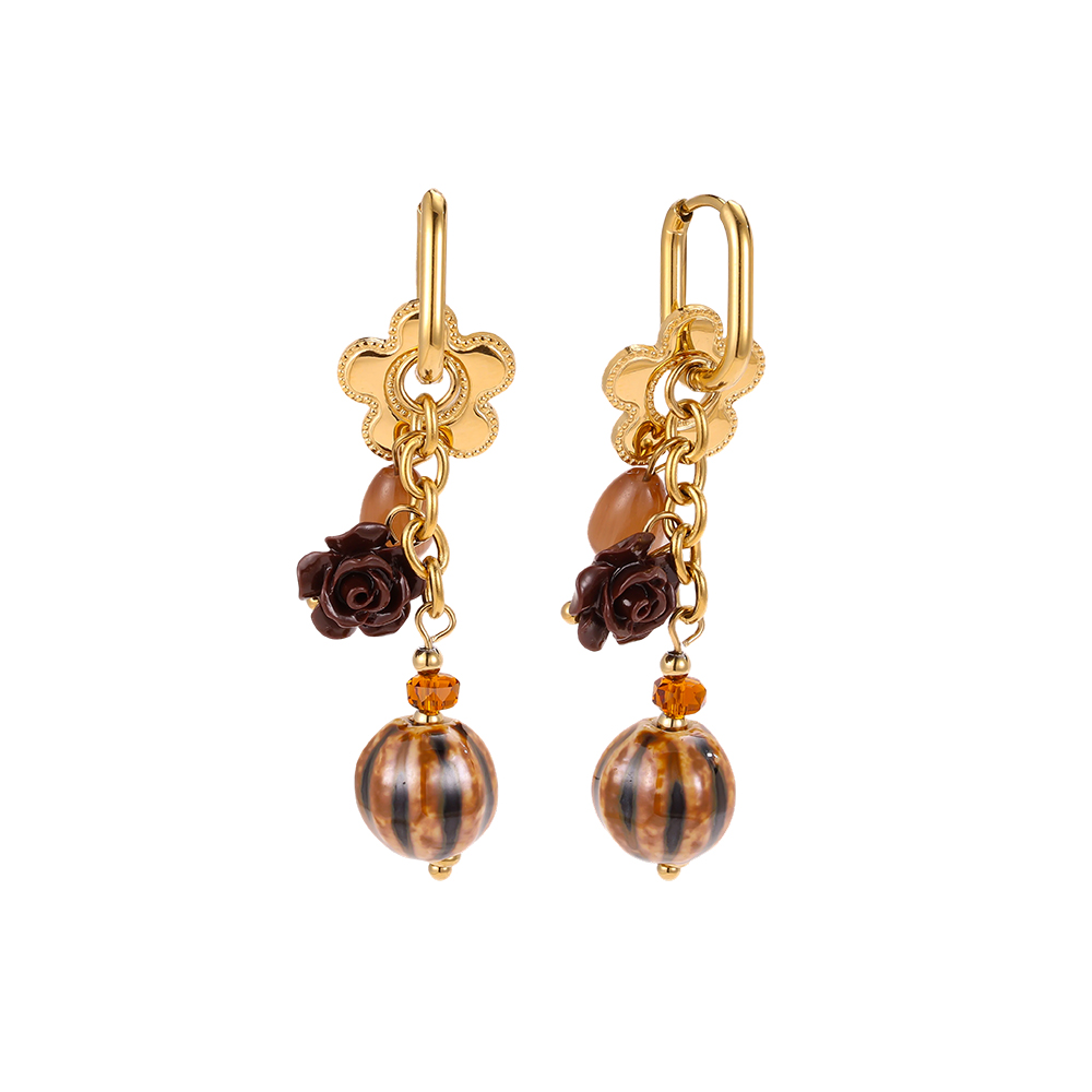 Edelstahl Ohrringe 54*13mm Goldene Blume mit brauner Deko