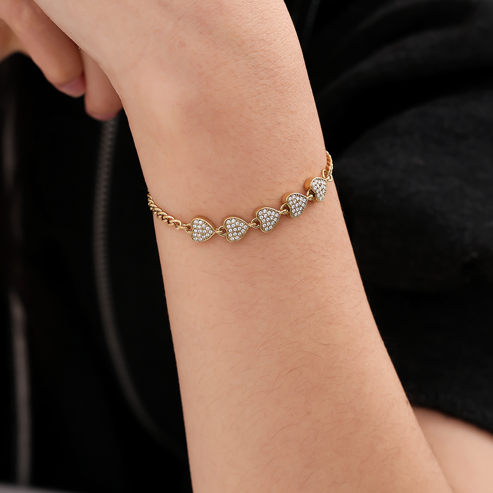 Edelstahl Armband 16cm 5 Zirkonia Herzen
