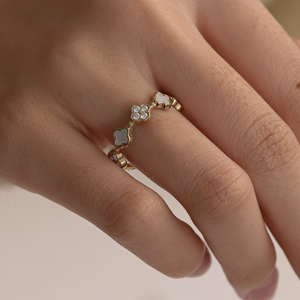 Edelstahl Ring Diamond Lucky Flower And Shell Flower