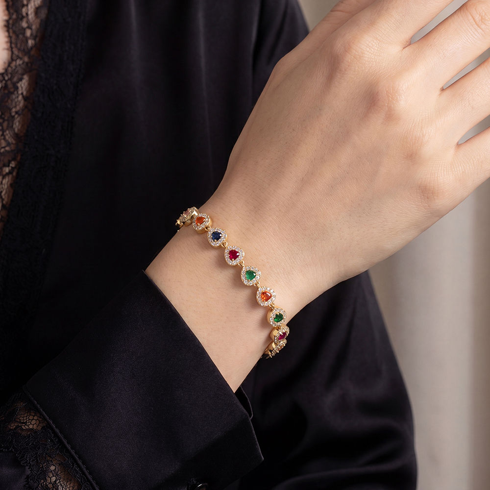 Edelstahl Armband 17cm bunte Herz funkelnde Zirkonia   