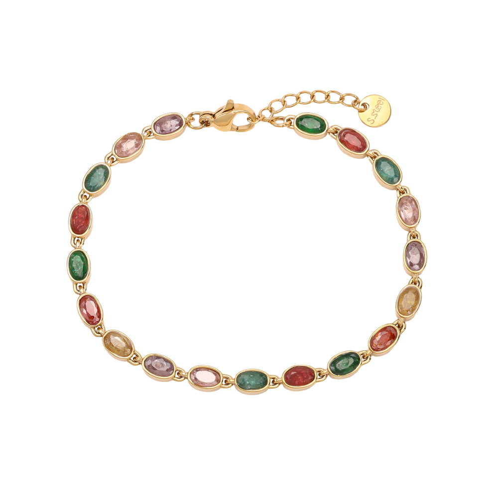 Edelstahl Armband 17cm viele oval bunte funkelnde Zirkonia     