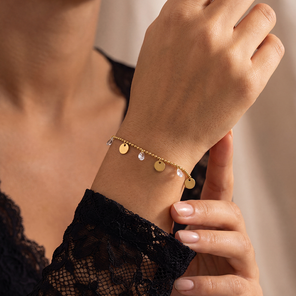 Edelstahl Armband 16cm Goldfarbene Plättchen und Zirkonia  