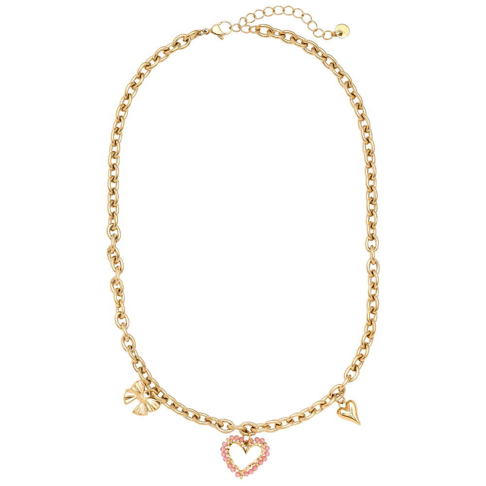 Edelstahl Halskette 42cm Pink Heart And Charms
