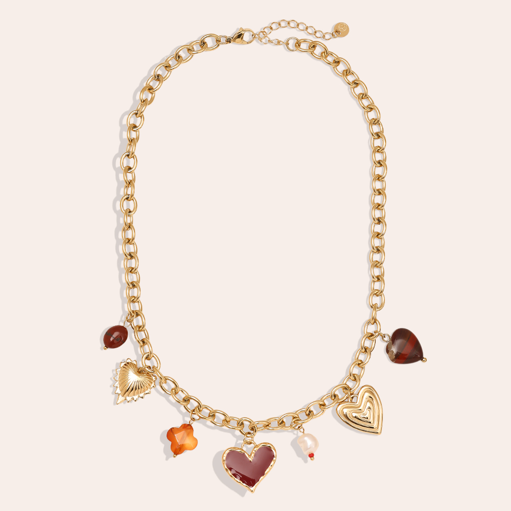Edelstahl Halskette 40cm Red Heart And Charms