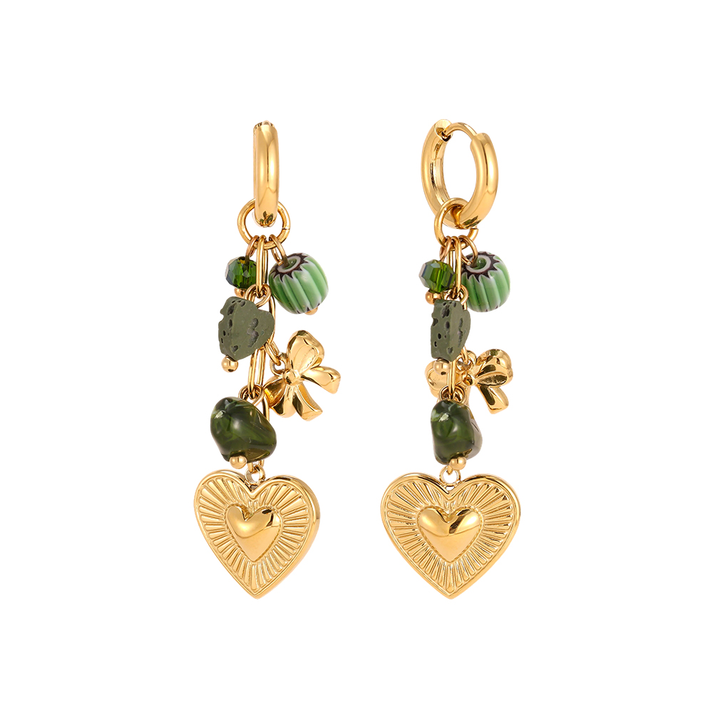 Edelstahl Ohrringe 55*16mm Goldene Herzen und Grüne Deko