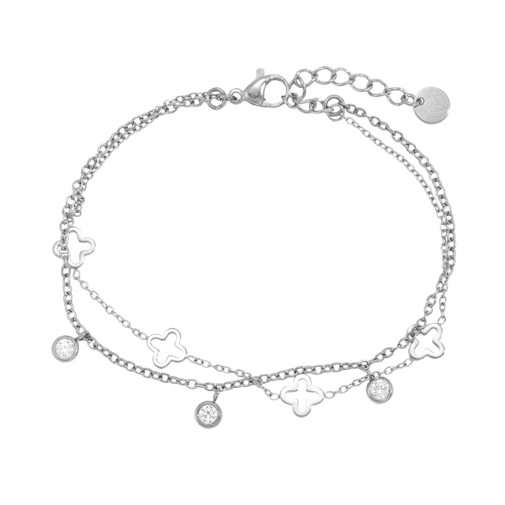 Edelstahl Armband 17cm zweilagiges Kleeblatt mit Zirkonia