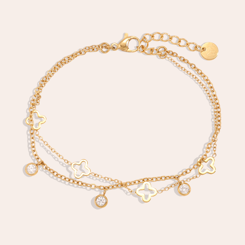 Edelstahl Armband 17cm zweilagiges Kleeblatt mit Zirkonia