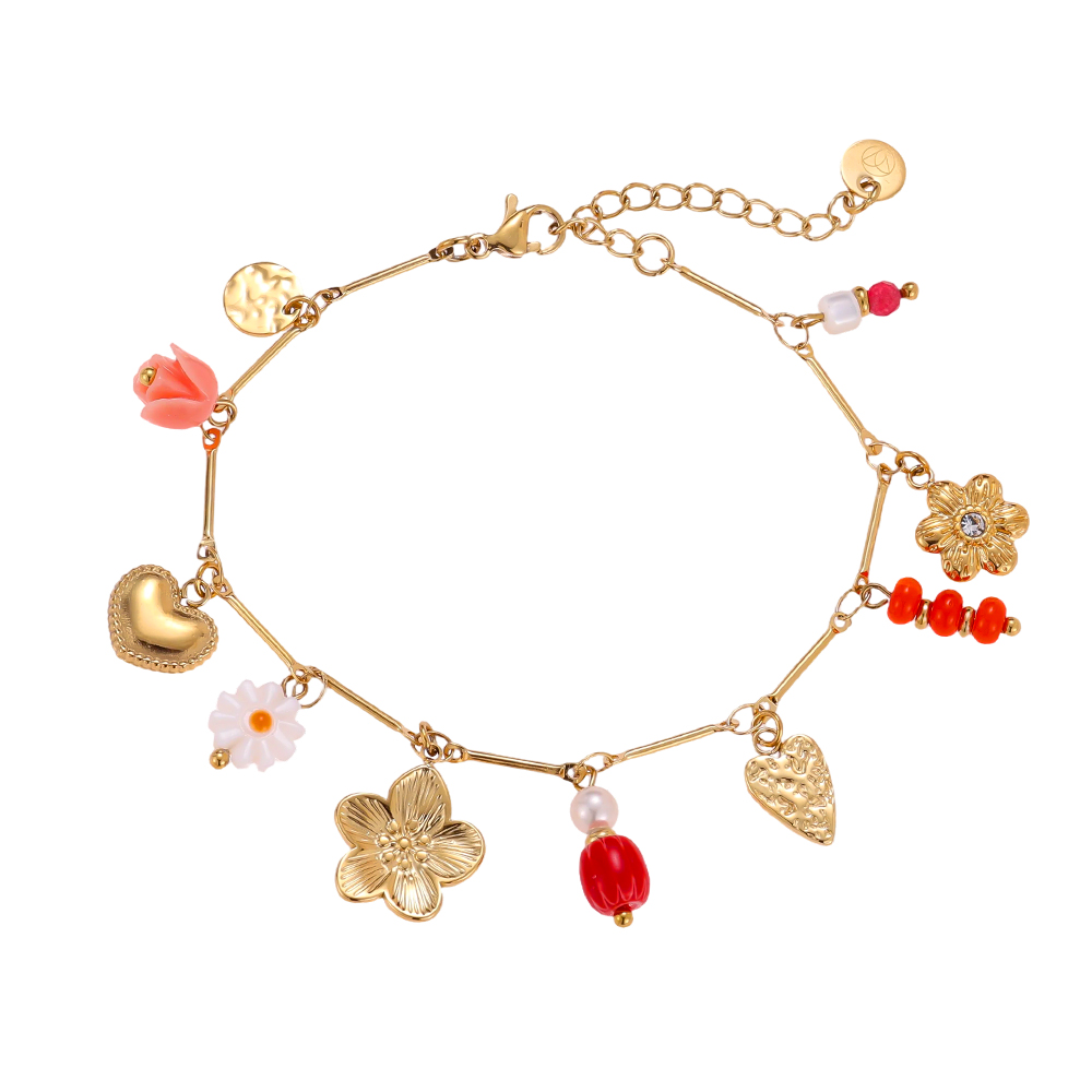 Edelstahl Armband 17cm Perlen Blume Rose