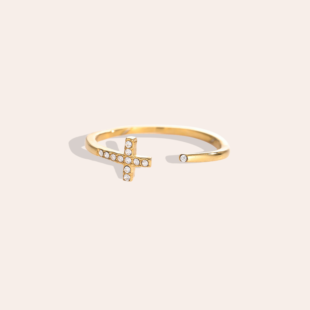 Edelstahl Ring Verstellbarer Kreuz mit Zirkonia