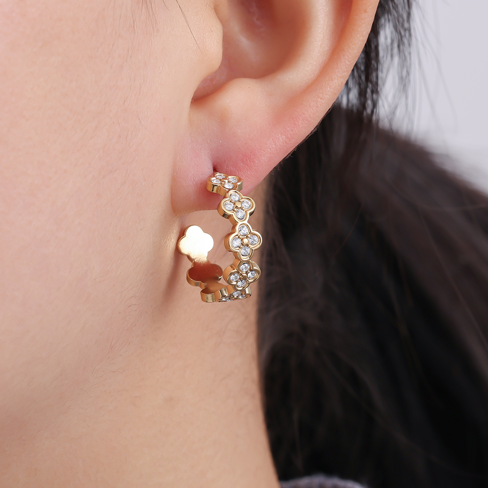 Edelstahl Ohrringe 2.5cm Diamond Lucky Flower Hoop