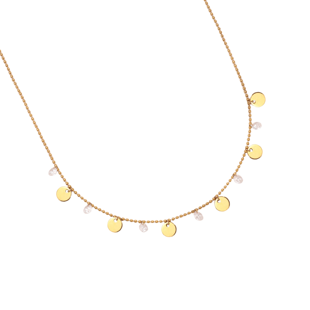 Edelstahl Halskette 40cm Goldfarbene Plättchen und Zirkonia