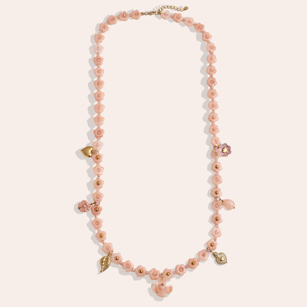 Edelstahl Halskette 90cm Harzblumen-Kette mit Charms