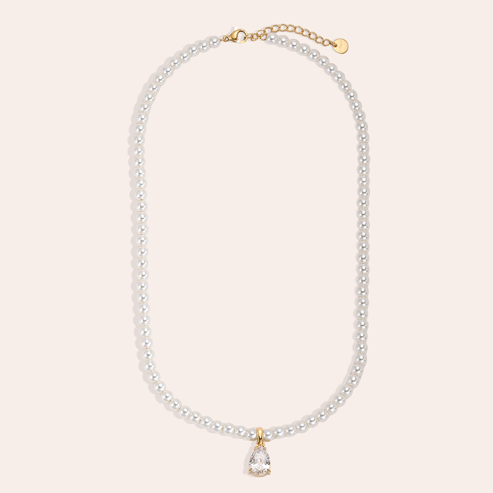 Edelstahl Halskette 39cm Tropfen Zirkonia und Perlenkette