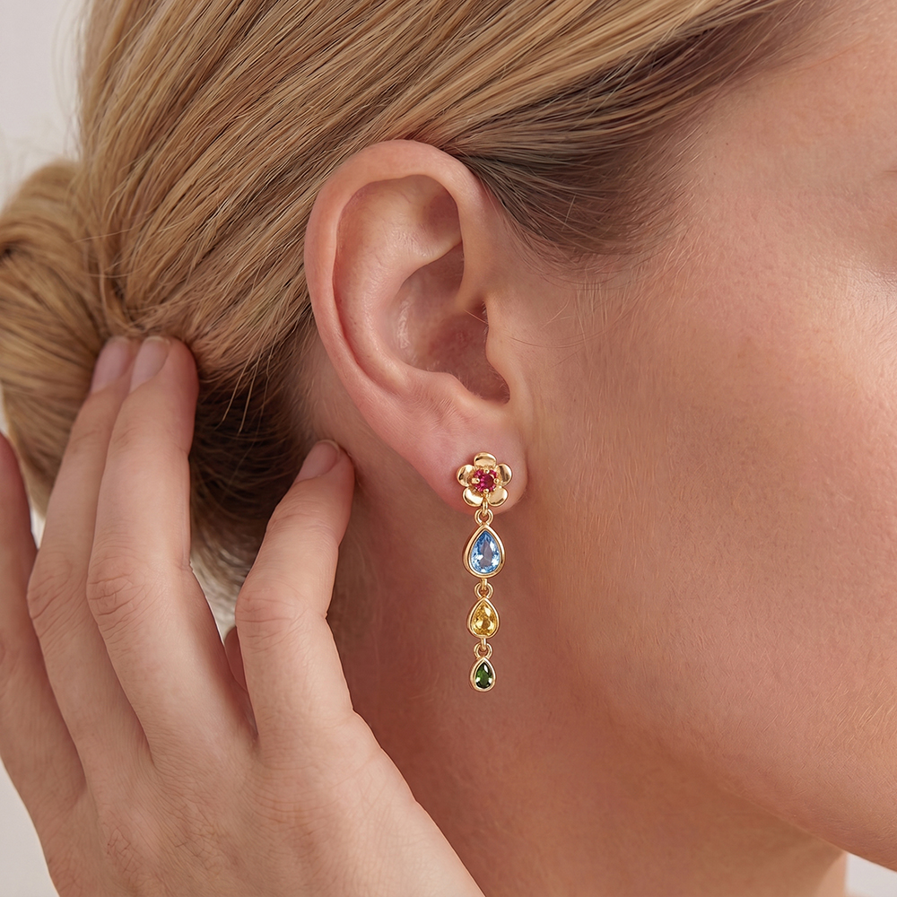 Vergoldete Ohrringe 30mm Zirkonia Blumen und farbige Tropfen
