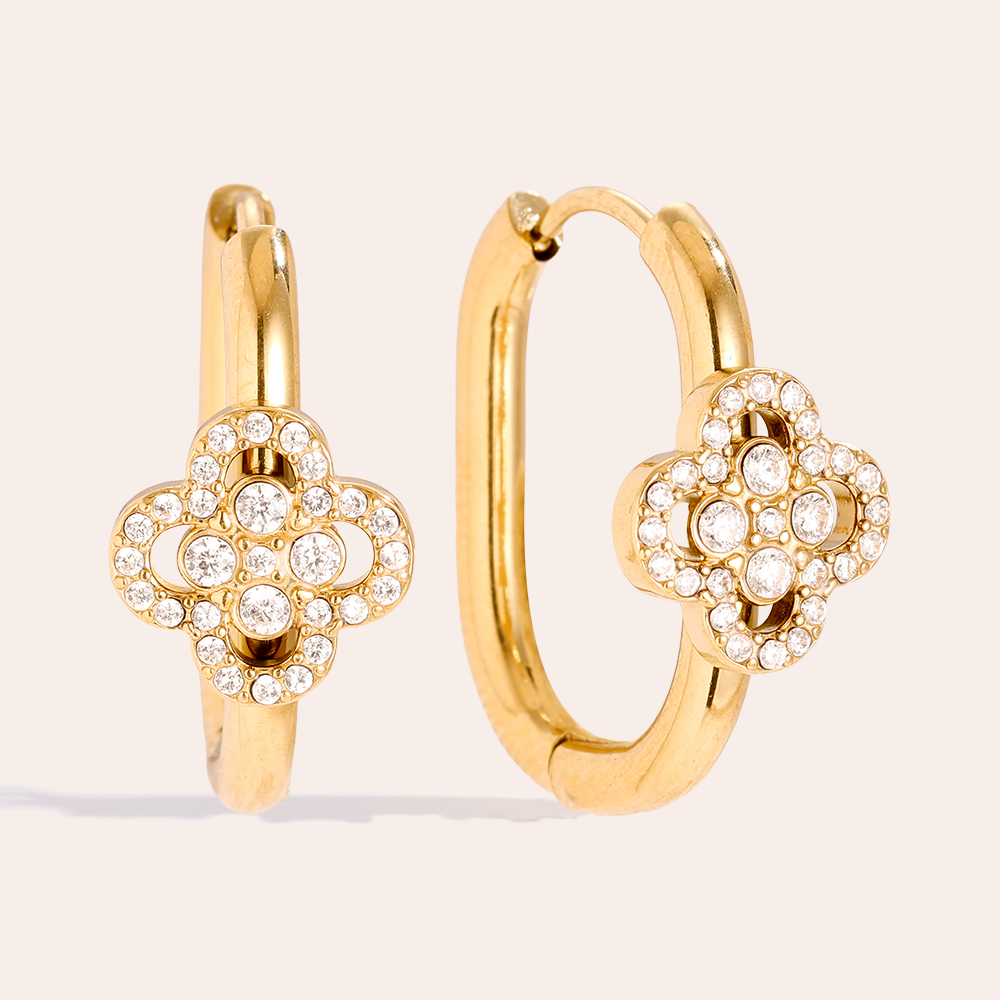 Edelstahl Ohrringe 2cm Diamond Lucky Flower In Hoop