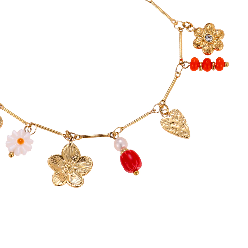 Edelstahl Armband 17cm Perlen Blume Rose