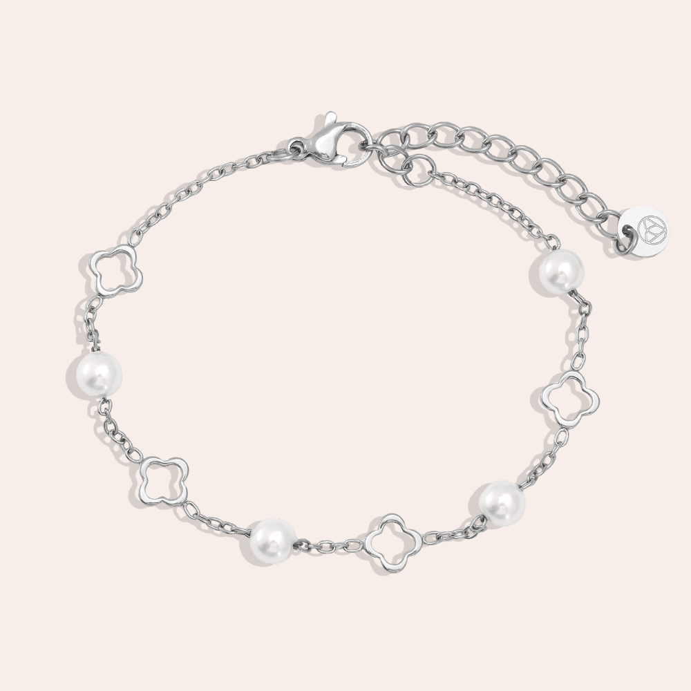 Edelstahl Armband 16cm Kleeblatt und Perlen