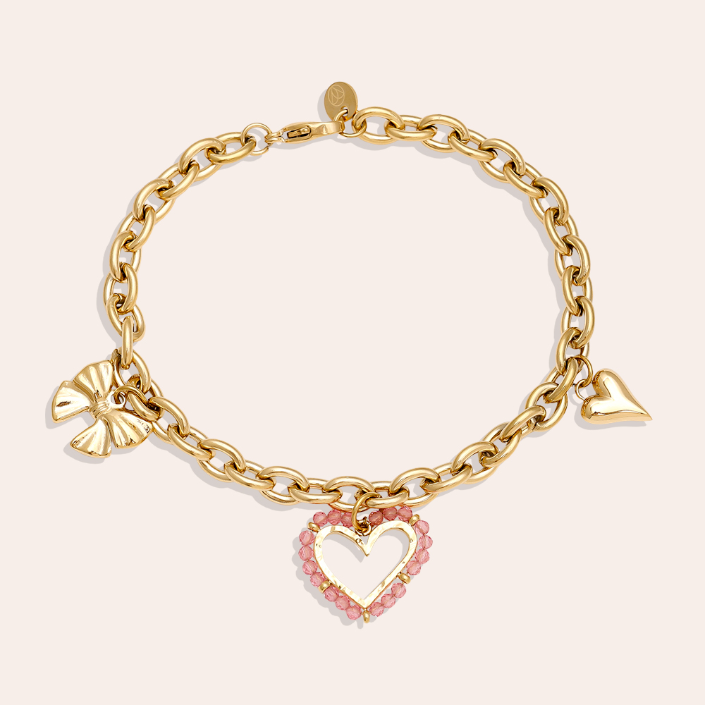Edelstahl Armkette 17cm Pink Heart And Charms