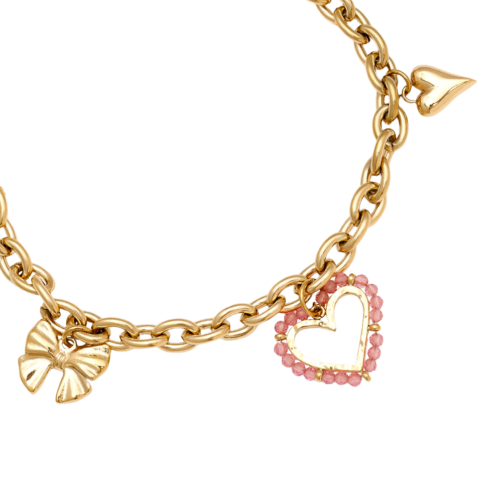 Edelstahl Armkette 17cm Pink Heart And Charms