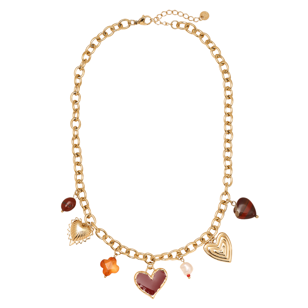 Edelstahl Halskette 40cm Red Heart And Charms