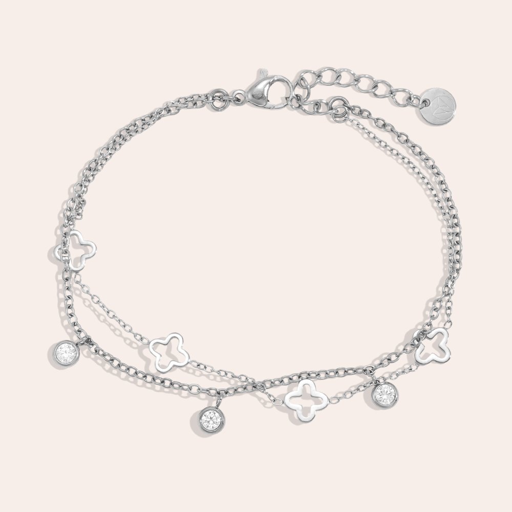 Edelstahl Armband 17cm zweilagiges Kleeblatt mit Zirkonia