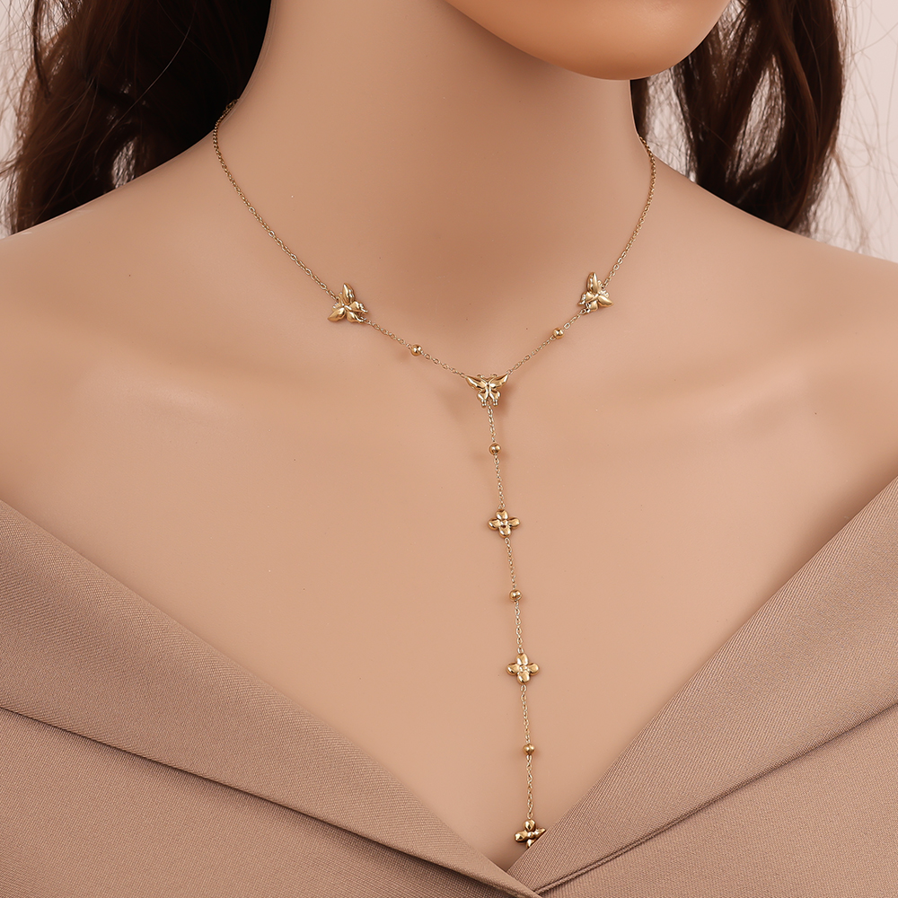 Edelstahl Halskette 41cm Y-Kette mit Schmetterling und Blumen