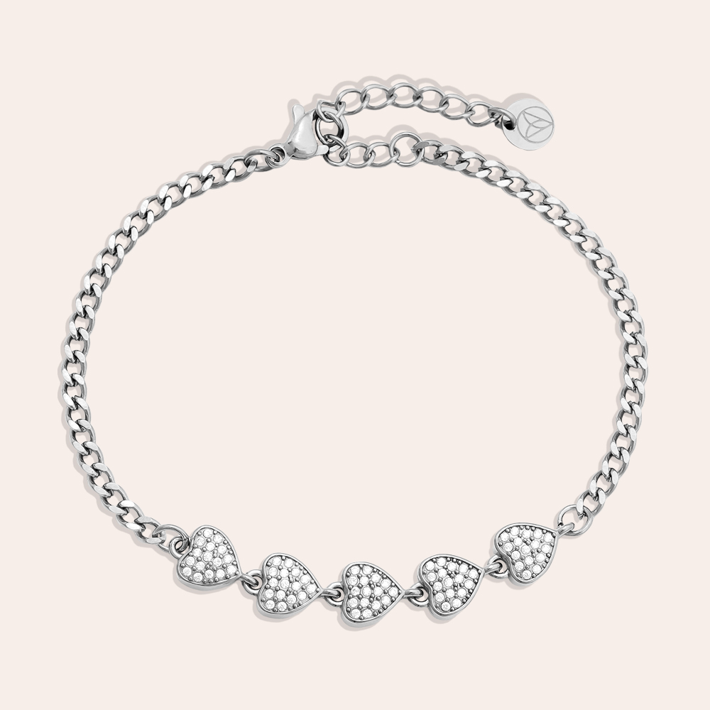 Edelstahl Armband 16cm 5 Zirkonia Herzen