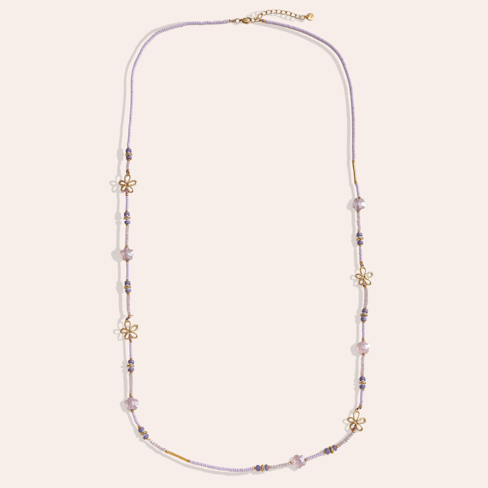 Edelstahl Halskette 94cm kleine Harzperlenkette mit goldenen Blumen