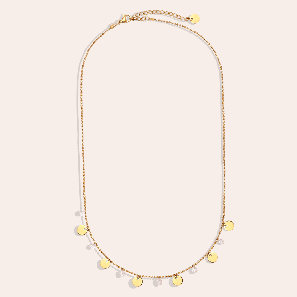 Edelstahl Halskette 40cm Goldfarbene Plättchen und Zirkonia