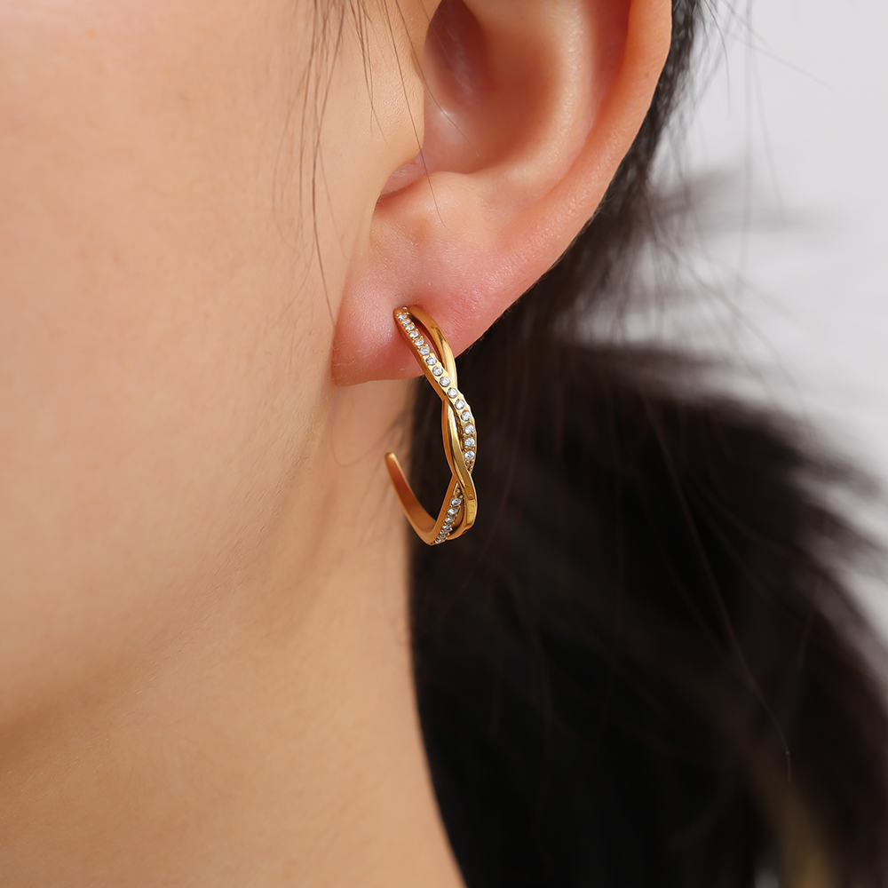 Edelstahl Ohrringe 2.5cm Elegant Twist Diamond Hoop