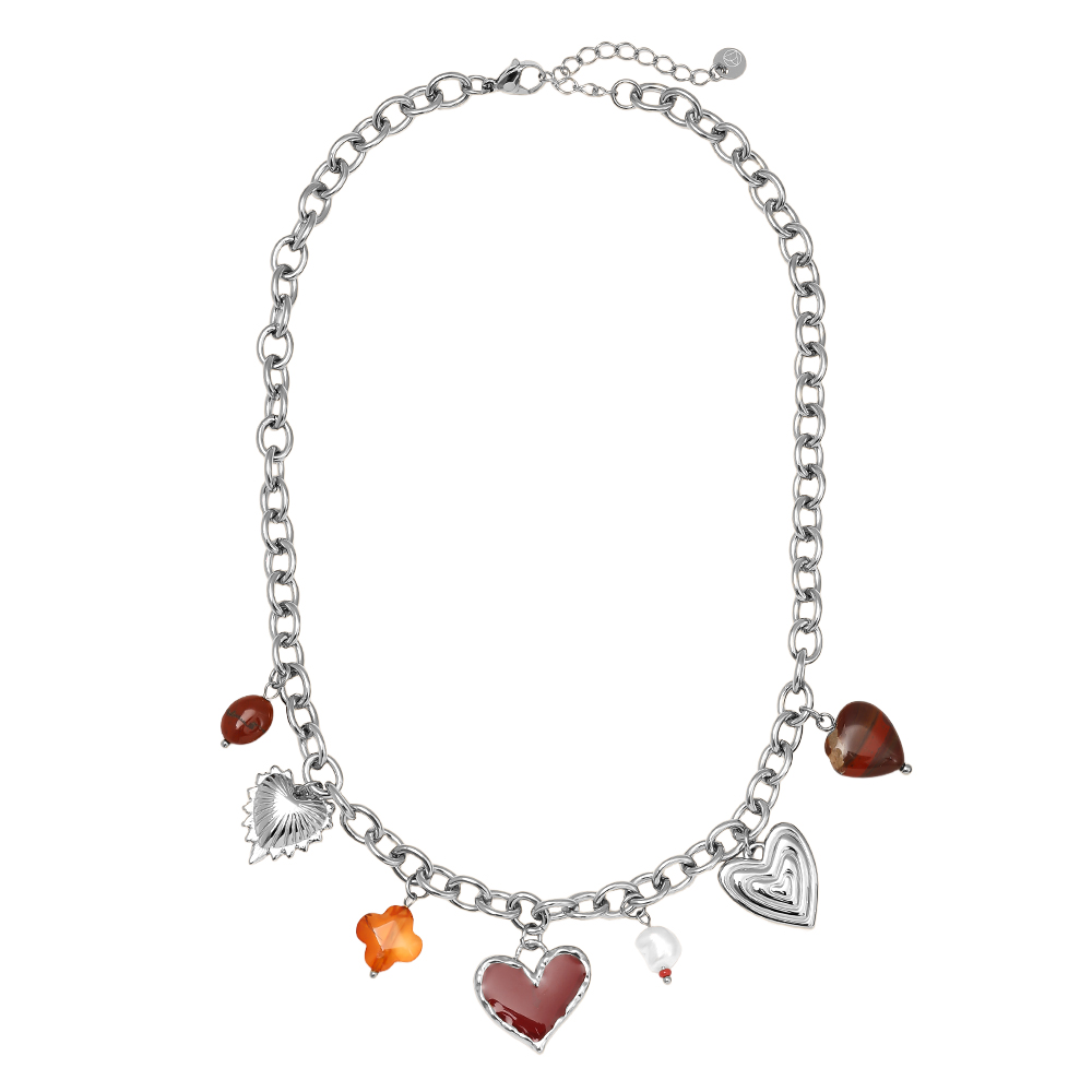 Edelstahl Halskette 40cm Red Heart And Charms
